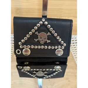Men's Biker Trifold Wallet Black Genuine Leather Skull Studded Gothic Rocker